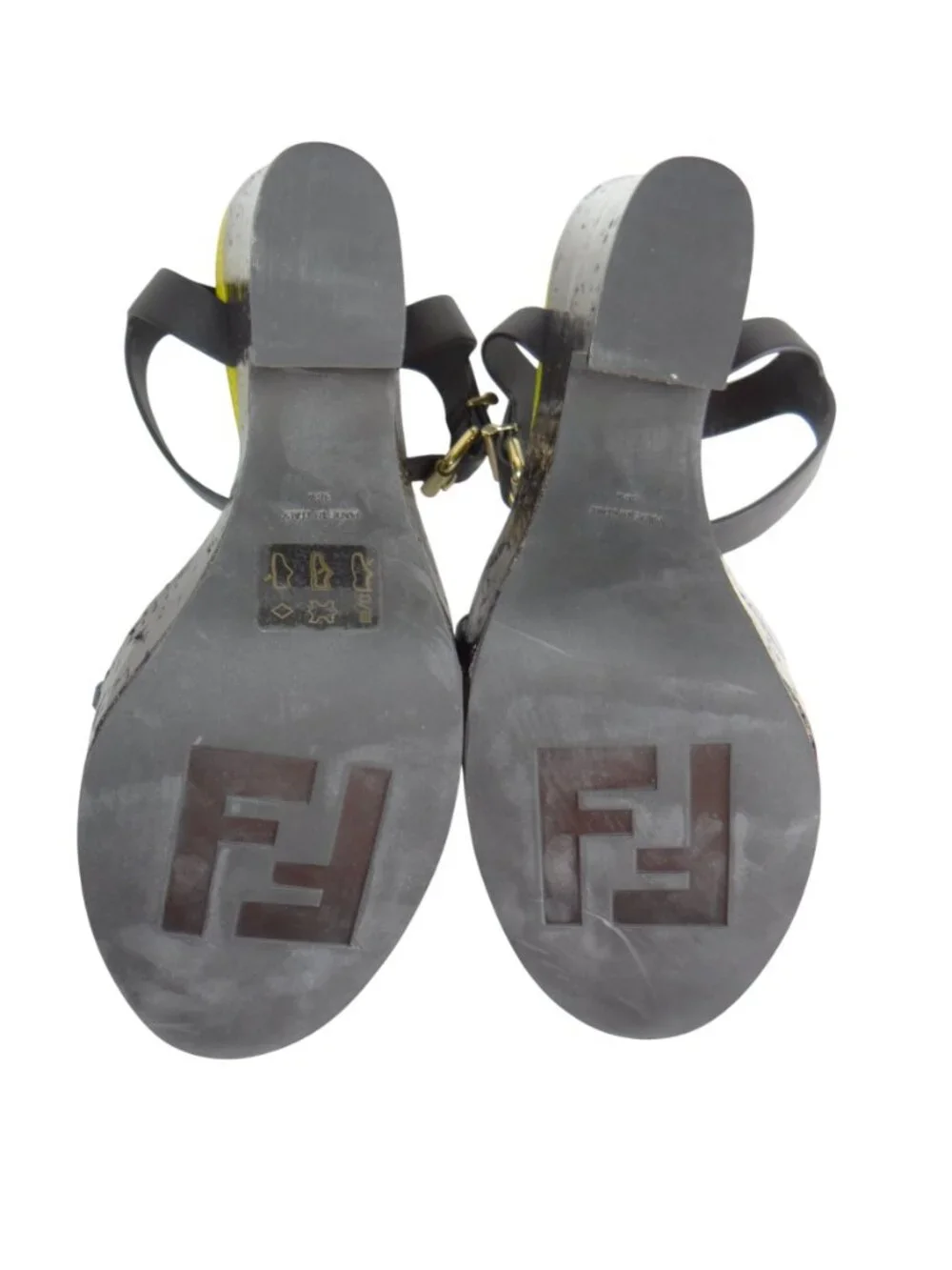 Fendi Roma Zucca Monogram Platform Sandals‎ Cork Heel Yellow Black 38.5